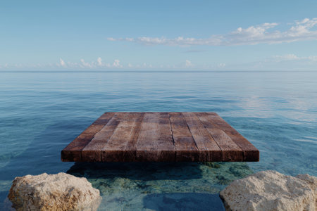 Wooden platform on a tropical ocean with rocks.の素材