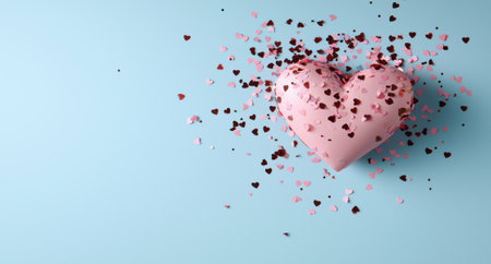 A pink heart surrounded by heart shaped confetti on a blue background.の素材