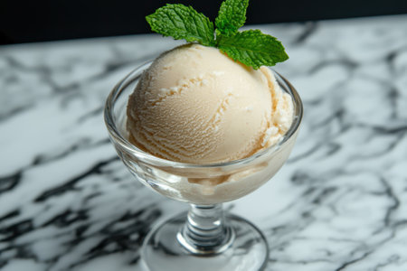 A scoop of vanilla ice cream in a glass dish topped with mint.の素材
