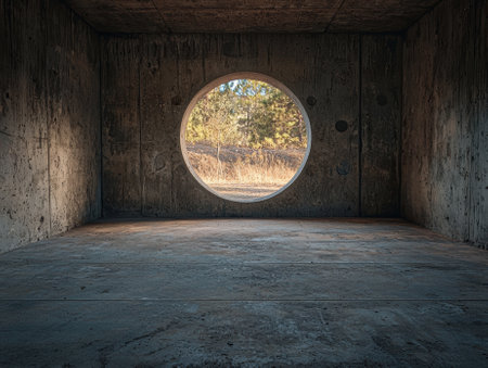 Concrete room with a circular window looking out to nature.の素材