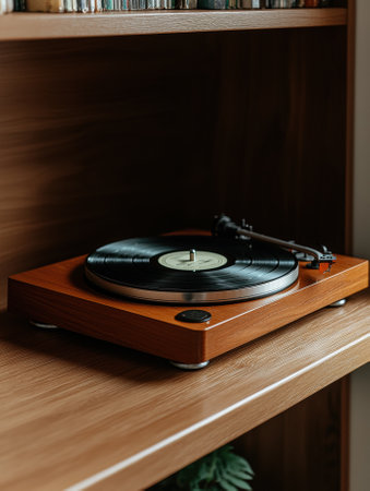 Vintage record player on a wooden shelf.の素材