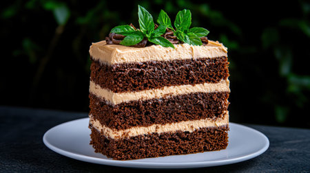 A slice of delicious chocolate cake with caramel frosting and mint leaves.の素材
