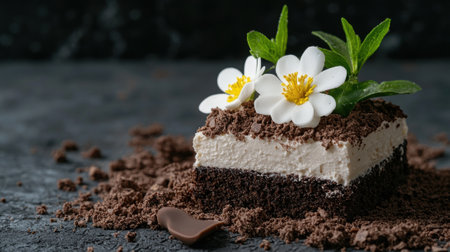 Delicious chocolate dessert with cream and flowers.の素材