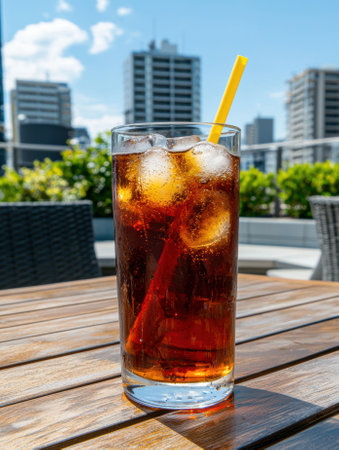 Refreshing cola drink with ice and a yellow straw on a sunny day.の素材