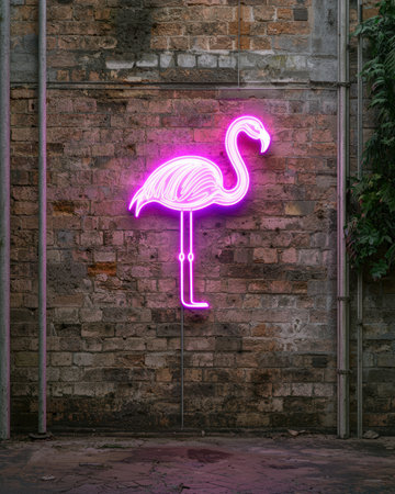 A pink neon flamingo sign on a brick wall.の素材