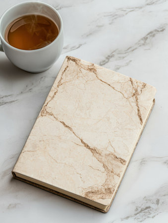 A cup of tea and a marble notebook on a marble surface.の素材