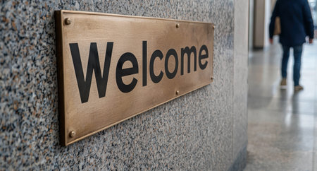 A welcome sign hangs on a wall in a building.の素材