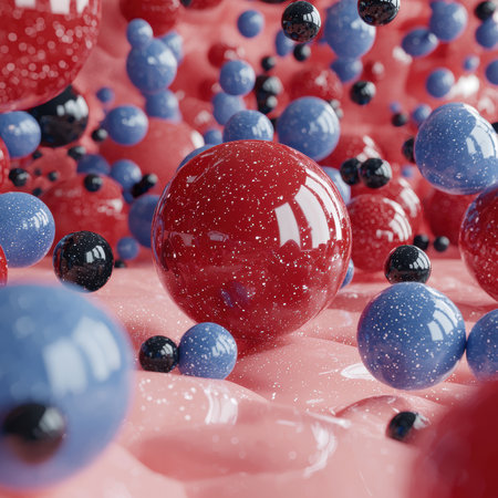 Abstract colorful spheres floating on a pink surface.の素材