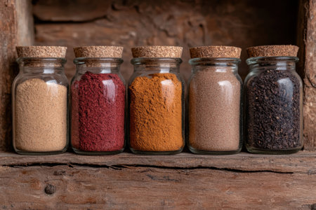 A variety of colorful spices in glass jars with cork lids.の素材