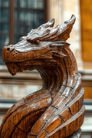 Wooden dragon sculpture with detailed carving.の素材