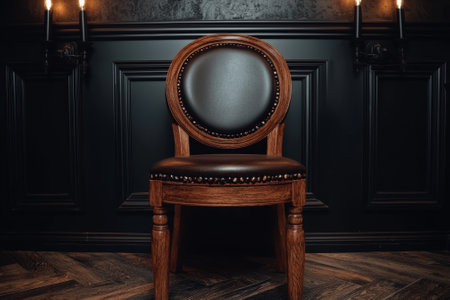 Elegant wooden chair with leather upholstery in a dark room.の素材