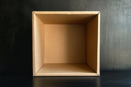 Empty cardboard box on a dark surface.の素材