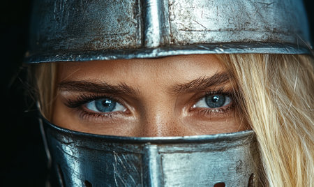 Close up of a woman's face wearing a helmet.の素材