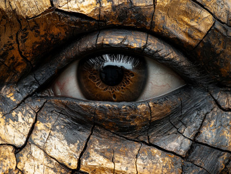 A close up of a brown eye with cracked skin texture.の素材
