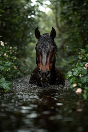 A brown horse stands in a river surrounded by greenery.の素材