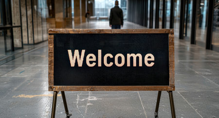 A welcome sign in a modern lobby with a person walking in the background.の素材