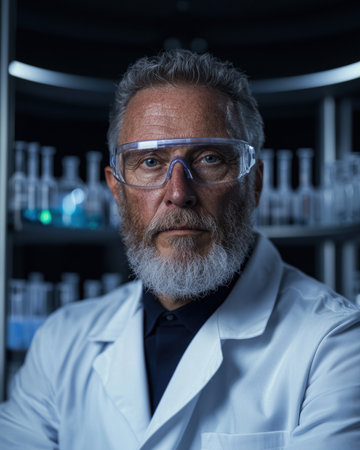 Scientist in lab coat and safety glasses in a laboratory.の素材