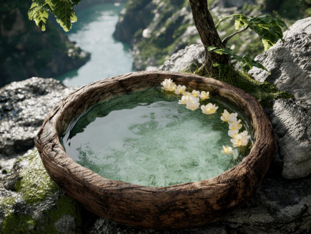 A tranquil wooden bowl filled with water and floating flowers in a serene natural setting.の素材