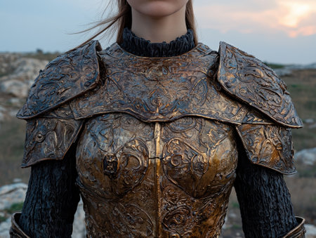 A woman wearing ornate golden armor.の素材