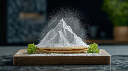 Pancakes with a mountain of powdered sugar.の素材