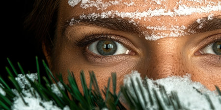 Close up of a person's eye with snow on their face and pine needles.の素材