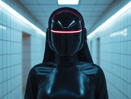 Futuristic figure in black suit and helmet with red light in a sterile corridor.の素材