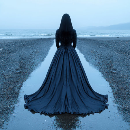 Woman in a long black dress standing on a beach.の素材