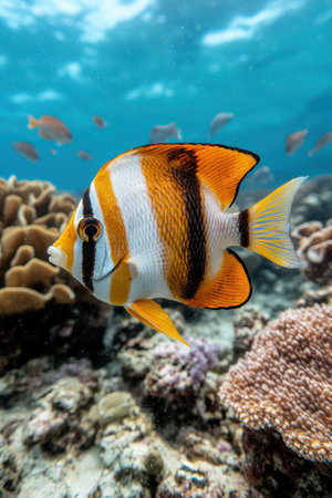 A colorful reef fish swims in the ocean.の素材