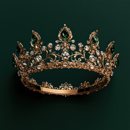 A golden crown with emeralds and diamonds on a dark green background.の素材
