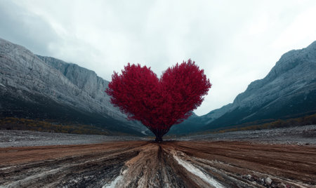 Heart shaped tree in a mountain landscape.の素材