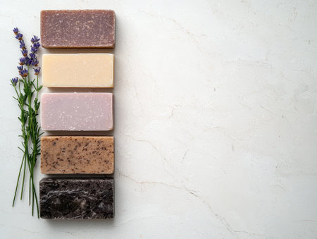 Handmade soap bars with lavender flowers on a marble background.の素材