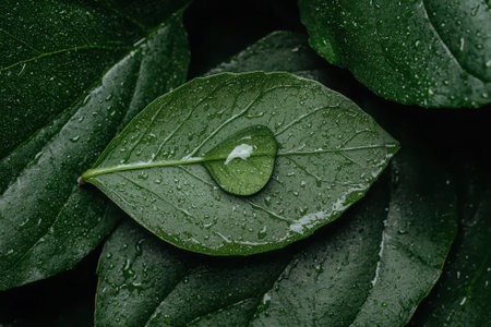 Close-up of a green leaf with a water droplet.の素材