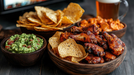 Game day snacks with chicken wings, guacamole, and beer.の素材