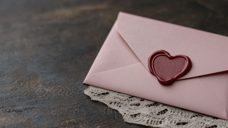 A pink envelope sealed with a heart on a lace doily.の素材