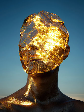 Golden abstract human bust sculpture against a blue sky.の素材