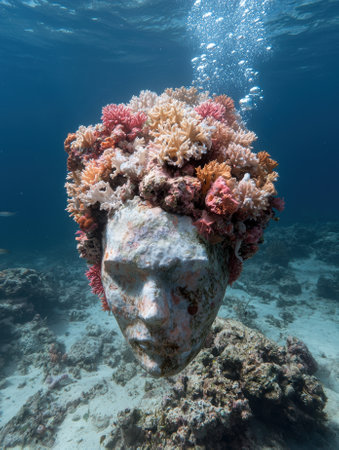 Underwater sculpture of a face covered in coral.の素材