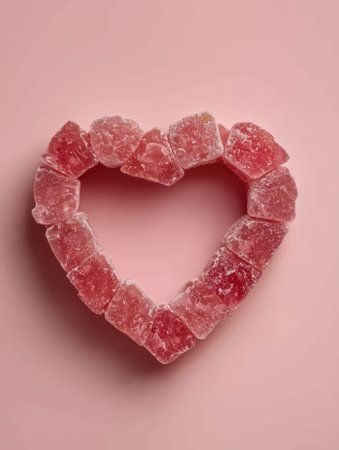 Heart shape made of candied fruit on pink background.の素材