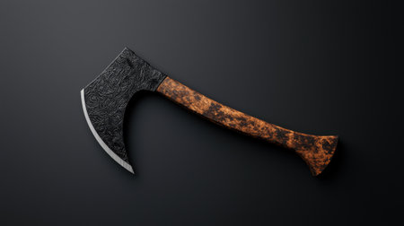 Axe with decorative carvings on a dark background.の素材