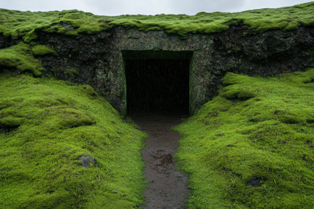 A mysterious moss covered tunnel entrance.の素材