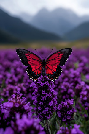 A red butterfly resting on purple flowers in a field.の素材