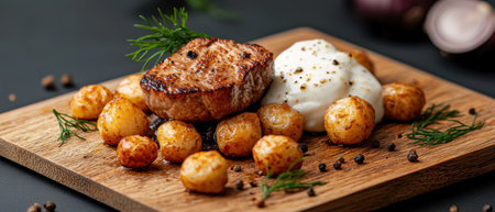 Grilled steak with roasted potatoes and creamy sauce on a wooden board.の素材
