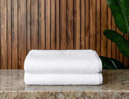 Stack of white towels on a marble countertop in a bathroom setting.の素材