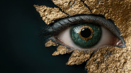 Close-up of a green eye with golden accents and makeup.の素材