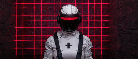 Futuristic medic stands in a neon grid room.の素材
