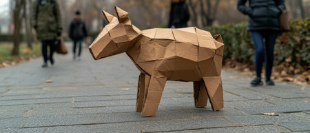 Cardboard animal sculpture on a city sidewalk.の素材