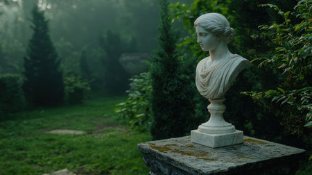 Marble bust in a misty garden.の素材