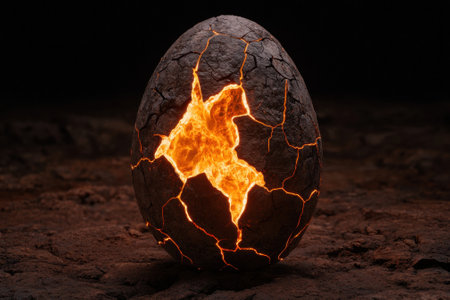 Cracked egg with glowing lava inside.の素材