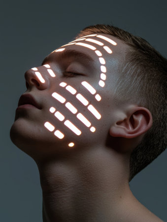 A man with light patterns on his face.の素材