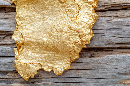 A piece of gold leaf on a weathered wooden surface.の素材