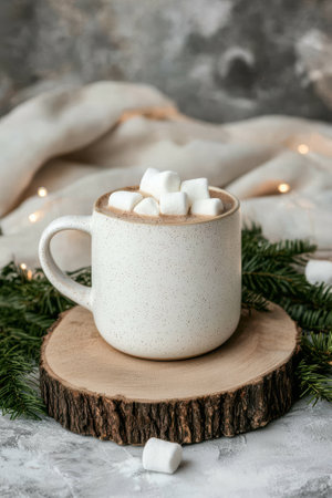 A mug of hot chocolate with marshmallows on a wooden coaster.の素材